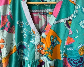 Kurti de algodón con patchwork bohemio: Top floral con estampado de bloques hecho a mano