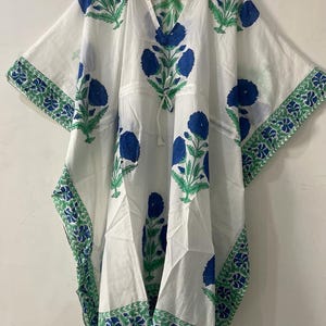 Hand Block Printed Cotton Kaftan | Blue Floral Medium Size Kaftan | Boho Kimono Dress | Comfortable Summer Fashionable Dress  | Free Size
