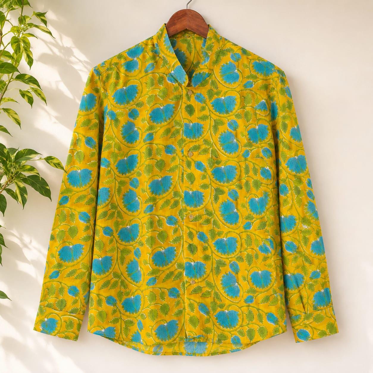 Men's Yellow Floral Hand Block Print Cotton Shirt, Summer Beach Button Down