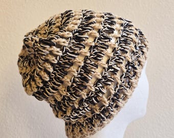 Hand Knitted Striped Beanie Black & Beige Mixed Striped