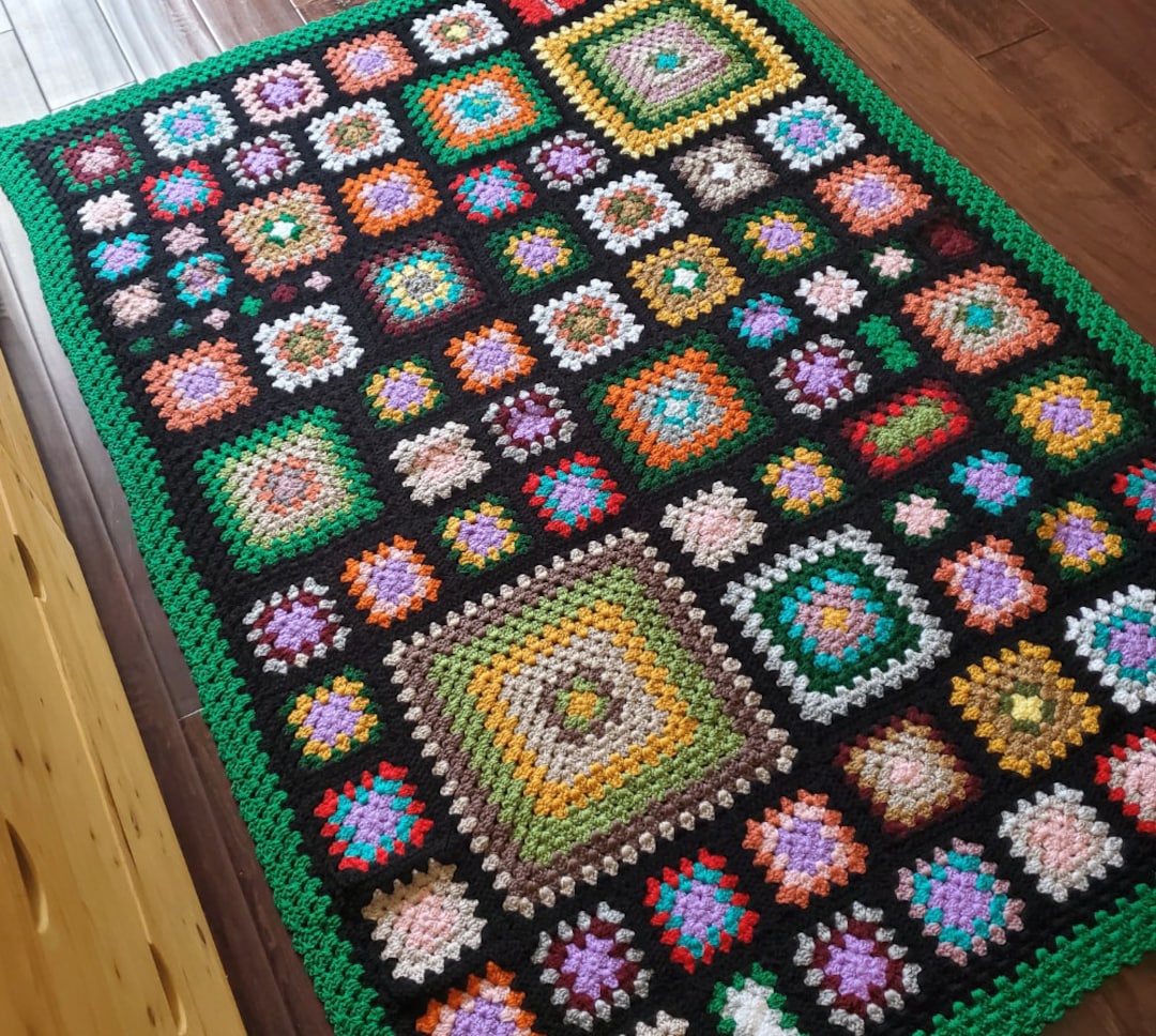 Granny Square Style Rag Rug Afghan Granny Square Blanket, Afghan Granny Square Rug, Afghan Granny ...