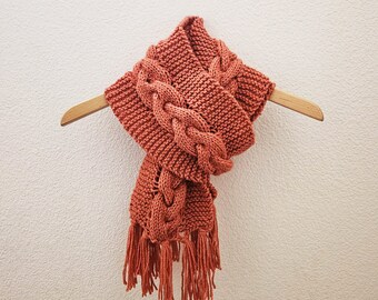 Hand Knitted Twisted Winter Scarf Burnt Orange