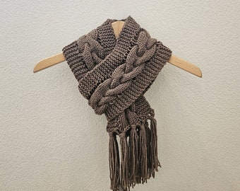 Hand Knitted Twisted Winter Scarf Brown