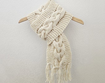 Hand Knitted Twisted Winter Scarf White Ivory