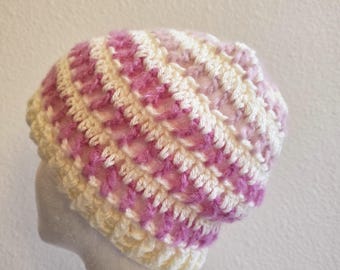 Hand Knitted Striped Beanie Pink & Creamy Beige
