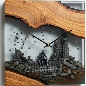 Handmade Dark Souls Wall Clock – Olive Wood & Epoxy Resin | Ruins Diorama | Square Fantasy Art Gift