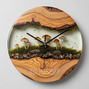 Handmade Mushroom Forest Wall Clock – Olive Wood & Epoxy Resin | Nature Diorama | Round Botanical Art Decor
