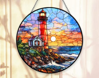 Colorful Lighthouse Stained Glass Suncatcher Beach Decor Window Hanging Coastal Gift