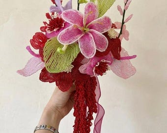 Red Pink Purple Handcrafted Beaded Bridal Bouquet | Everlasting Wedding Flowers Keepsake