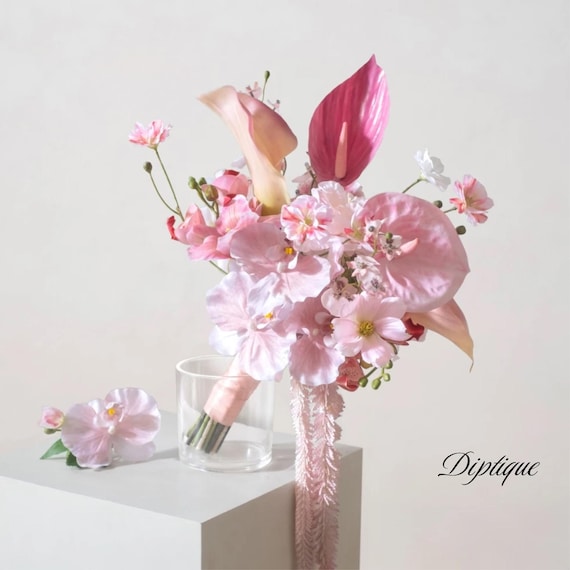 Faux Wildflower PINK Bridal Bouquet, Pink Artificial Flowers, Colorful Spring Summer Wedding Bouquets, Boutonnieres, Corsages