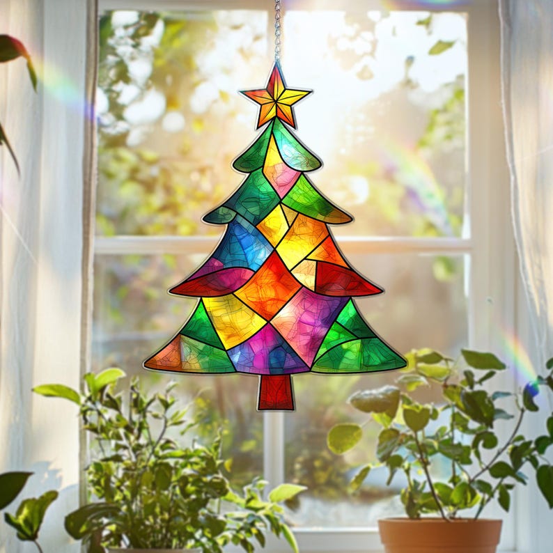 Christmas Tree Acrylic Suncatcher, Festive Holiday Window Hanging ...
