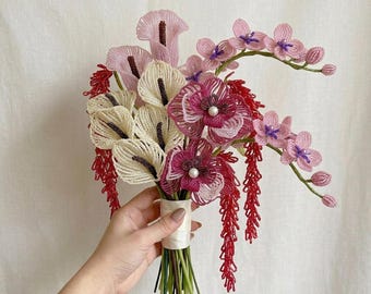 Luxury Handmade Beaded Wedding Bouquet | Orchid & Calla Lily Floral Arrangement | Bridal Flowers | Everlasting Wedding Keepsake