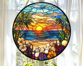 ステンドグラスの日の出サンキャッチャー：ビーチの窓に飾る - Etsy 日本
