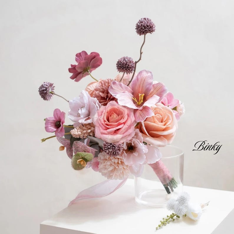 Faux Wildflower PINK Bridal Bouquet, Pink Artificial Flowers, Colorful Spring Summer Wedding Bouquets, Boutonnieres, Corsages image 5