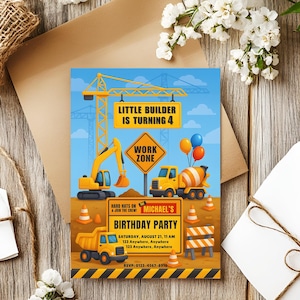 Construction Birthday Invitation: Truck & Digger Party, Editable Canva Template (Digital Download)