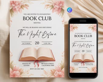 Floral Book Club Invitation Template: Editable Canva Design (Printable & Mobile)
