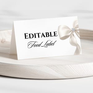 Witte strik bruids douche voedseletiket, bewerkbare buffettentkaart, afdrukbare plaatskaart, decor bruiloft douche, 3,5 x 4 tafeltent - IB01