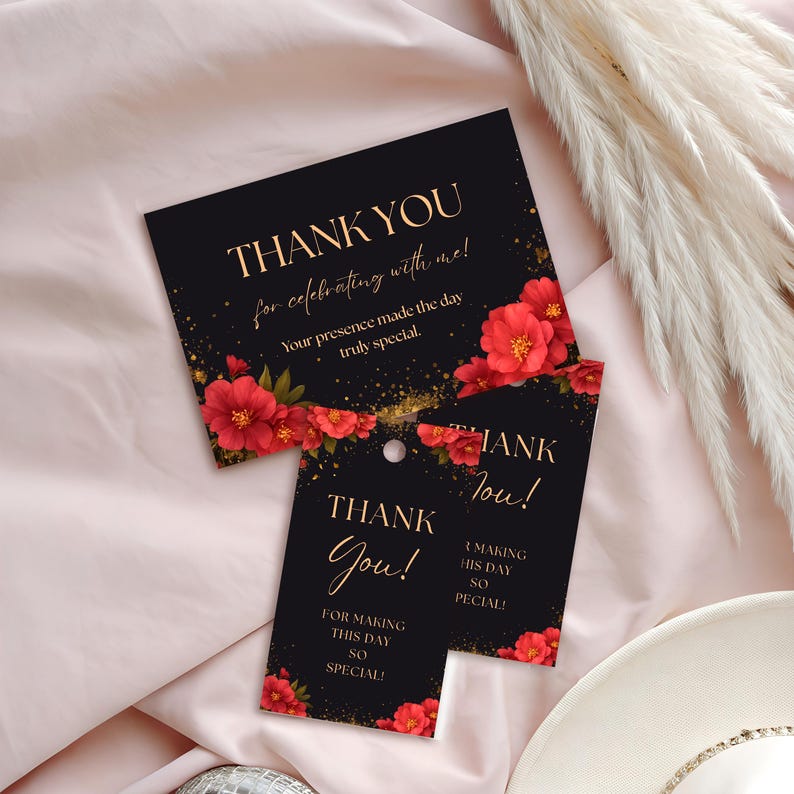 Thank You Card & Gift Tag Template – Red Floral Gold Canva Design ...