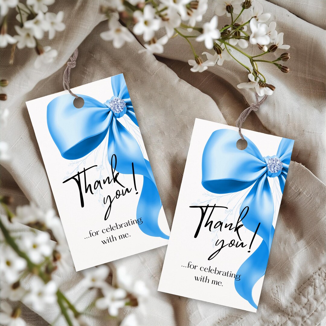 Blue Bow Bridal Gift Tag Template, Blue Ribbon Favor Tag, Printable 2x3 ...