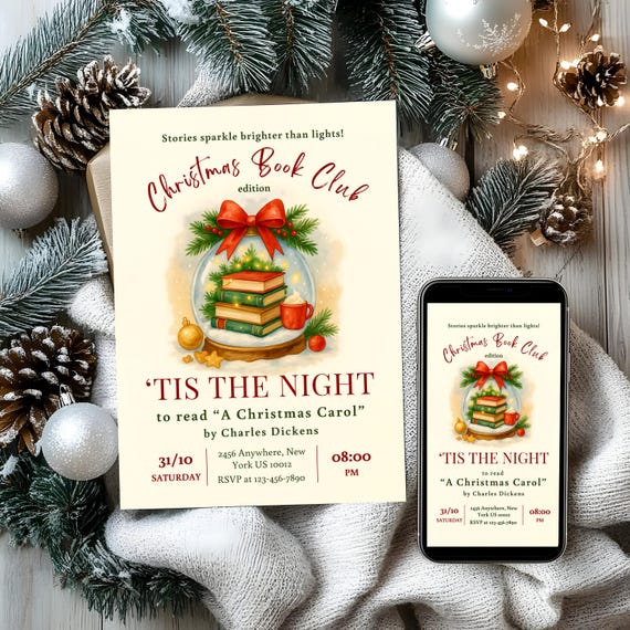 Christmas Book Club Invitation: Cozy Holiday Reading Party (Editable Canva PDF)