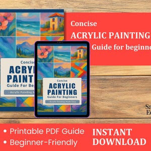 Puede incluir: Una tableta digital y un libro titulado "Concise Acrylic Painting Guide for Beginners" se muestran en una superficie de madera. El libro y la tableta presentan coloridas pinturas de paisajes. El texto "Instant Download" es visible.