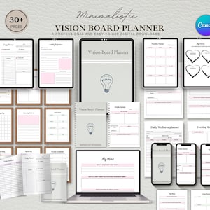 Peut inclure: Un planificateur de vision board numérique au design minimaliste. L'image présente divers appareils numériques, dont des tablettes, des téléphones et un ordinateur portable, affichant des pages de planificateur avec des accents roses. Le texte comprend "Vision Board Planner" et "My Mind."