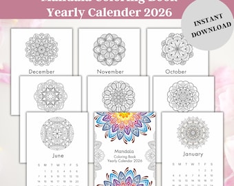 2026 Mandala Coloring Book, Stress Relief Mindfulness Art (Digital Download)