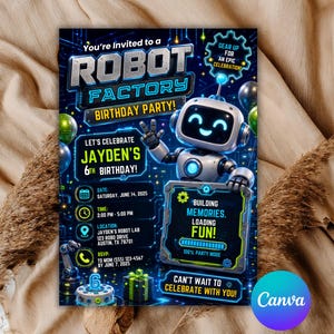 May include: A rectangular birthday party invitation featuring a digital robot theme with blue and green neon accents. The text reads Robot Factory Birthday Party, Jayden's 6th Birthday, Saturday 14 June 2025, 2:00 pm to 5:00 pm, and location details.