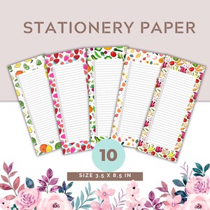 May include: A set of five stationery paper pads with fruit and vegetable borders. Each pad has a lined interior and a different colorful design featuring lemons, strawberries, avocados, and more. The text "STATIONERY PAPER" is at the top. Each pad is 3.5 x 8.5 inches.