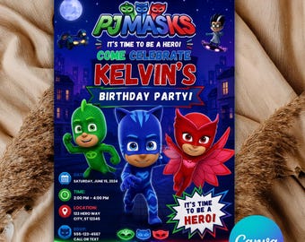 Invito di compleanno PJ Masks, invito di compleanno supereroi modificabile, invito per festa di compleanno per bambini a tema eroi, invito per festa di compleanno, modello Canva