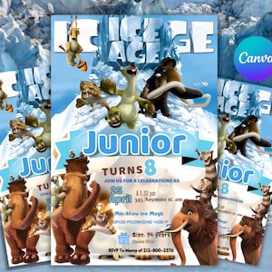 Puede incluir: Invitaciones para una fiesta de cumpleaños con temática de La Era de Hielo, con personajes de dibujos animados. Las invitaciones son azules y blancas, con el texto "Junior Turns 8" y detalles del evento. El logotipo de Canva es visible.