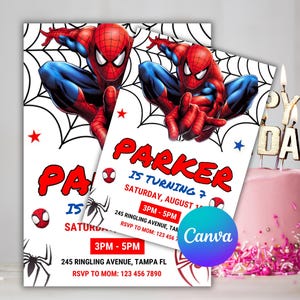May include: A rectangular birthday invitation card featuring a red and blue superhero character, black spider web graphics, and red text reading PARKER IS TURNING 7, SATURDAY, AUGUST 10, 3PM-5PM, 245 RINGLING AVENUE, TAMPA FL, RSVP TO MOM: 123 456 7890.