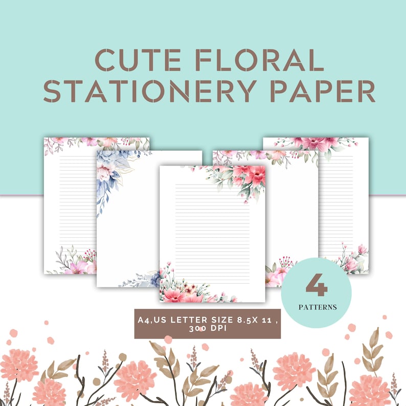 Floral Writing Paper Set, Decorative Stationery Pages, Printable Note ...