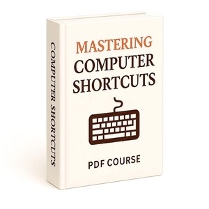 Op de afbeelding: Een gebroken wit boek met de titel "Mastering Computer Shortcuts" in bruine en zwarte tekst. Een bruine toetsenbordafbeelding staat eronder. De rug leest "Computer Shortcuts". De onderkant van het boek zegt "PDF Course".