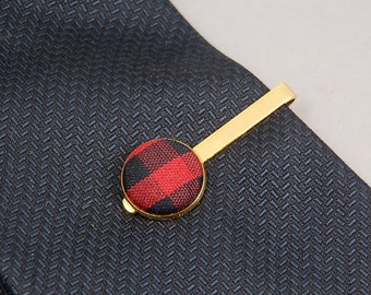 Red Buffalo Plaid Tie Bar, Men's Christmas Wedding Accessories, Formal Tie Clip, Gift for Husband, Holiday Gifting