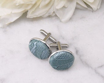 Teal Lace Fabric Cufflinks, Men's Wedding Cufflinks, 13th Anniversary for Husband, Traditional Lace Gifts for Him