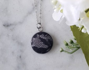 Large Black Lace Pendant Necklace, 13th Anniversary Gift Ideas for Wife, Ready to Ship, Last Minute Gifts, 1 Inch Bezel