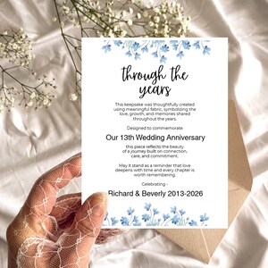 May include: A white card with blue floral accents and the text "through the years" is held by a hand wearing a lace glove. The card commemorates a 13th wedding anniversary and includes the names Richard & Beverly 2013-2026.