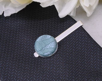 Teal Lace Tie Bar, 13th Anniversary Gift Ideas for Husband, Novelty Tie Clip with Sage Green Lace