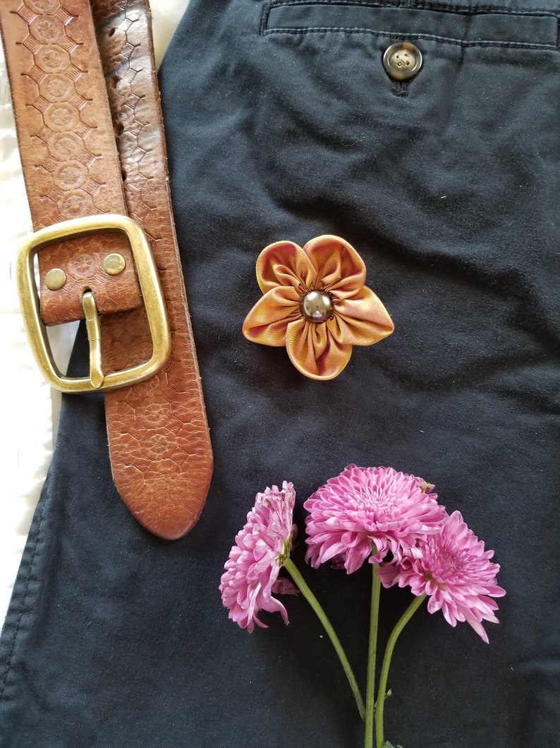 Gold and Violet Silk Fabric Forget Me Not Lapel Pin Gold Fabric Flower Brooch