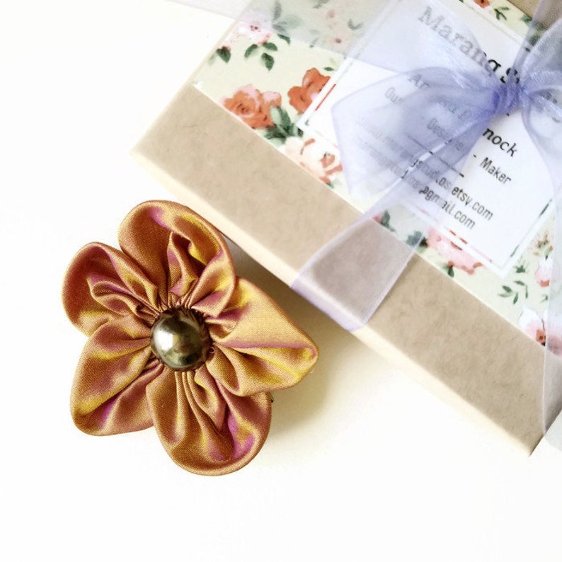 Gold and Violet Silk Fabric Forget Me Not Lapel Pin Gold Fabric Flower Brooch