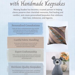 May include: An informational graphic titled Preserve Your Memories with Handmade Keepsakes by Marang Studios. It features text sections on personalized consultations, fabric handling, craftsmanship, and keepsakes, alongside a square throw pillow and a gray plaid bear.