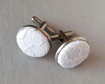 White Lace Cufflinks, Groomsmen Proposal, Men's Wedding Accessories, Lace Formal Cuff Links, 13th Wedding Anniversary Gift for Husband