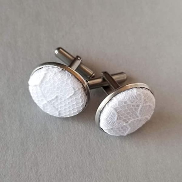 White Lace Cufflinks, Groomsmen Proposal, Men's Wedding Accessories, Lace Formal Cuff Links, 13th Wedding Anniversary Gift for Husband