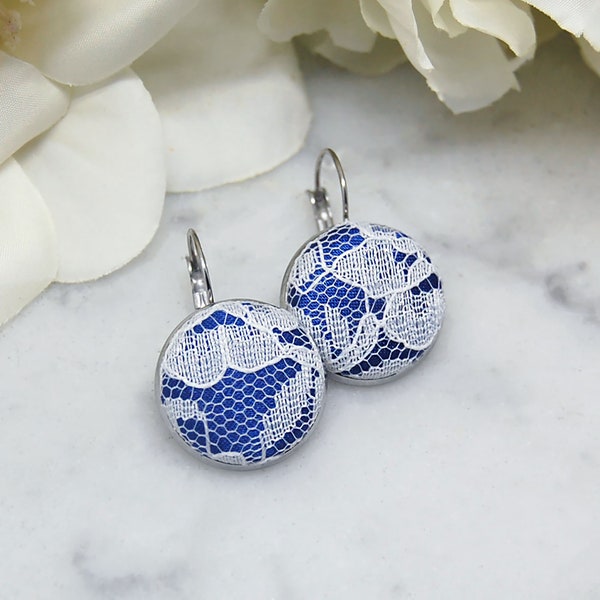 Blue & Lace Earrings, 13th Wedding Anniversary Gift Ideas for Wife, Blue Lacy Gifts for Her, Bridal Earrings for Wedding, Pair of Earrings