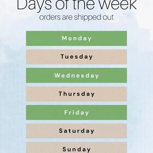May include: A graphic chart titled Days of the week orders are shipped out, featuring a list of all seven days. Monday, Wednesday, and Friday are highlighted in green bars with white text, while other days are in beige bars with black text.