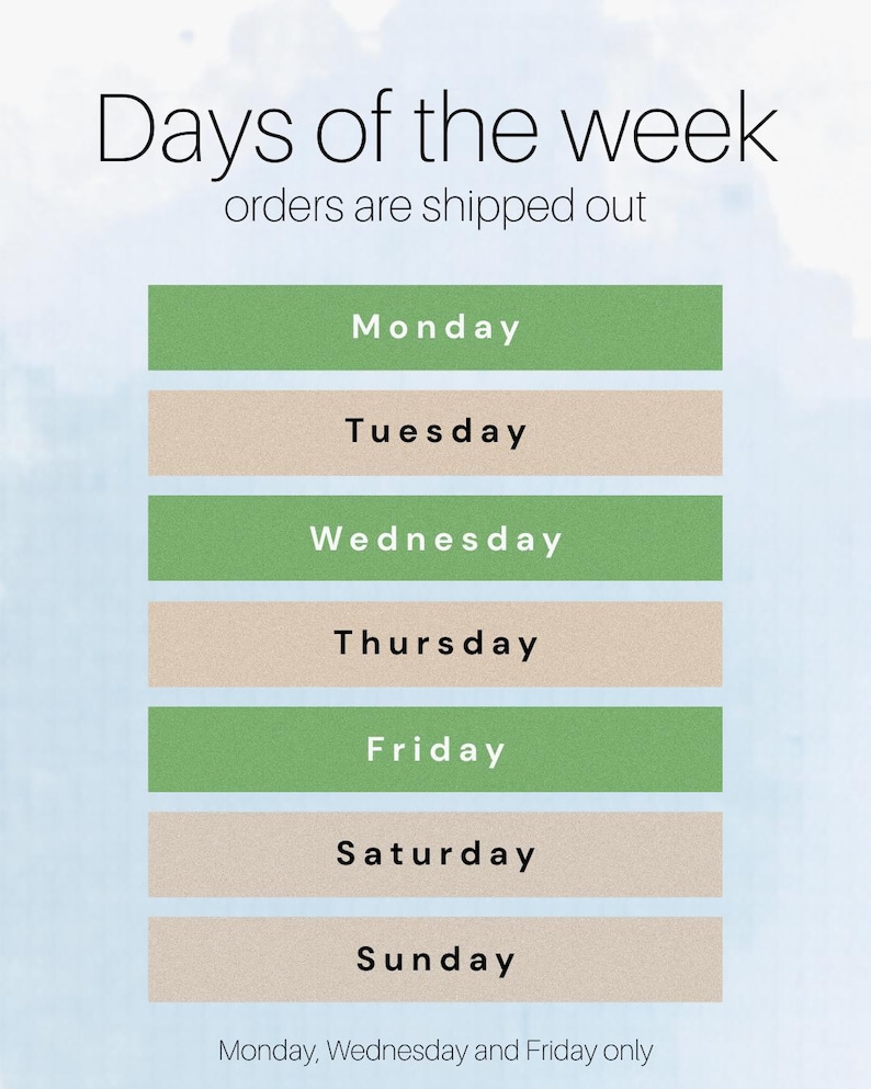 May include: A graphic chart titled Days of the week orders are shipped out, featuring a list of all seven days. Monday, Wednesday, and Friday are highlighted in green bars with white text, while other days are in beige bars with black text.