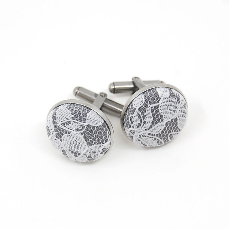 Lace Fabric Cufflinks, Men's Wedding Cufflinks, 13th Anniversary for Husband, Traditional Lace Gifts for Him image 2