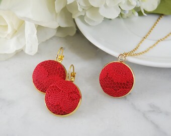 Red Lace Jewelry Set, Pendant Necklace and Earrings, 13th Anniversary Gift Ideas for Wife, READY TO SHIP, Last Minute Gifts