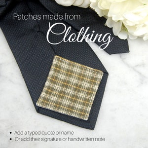 May include: A dark blue tie with a textured pattern, featuring a plaid patch in shades of green, yellow, and white. The text "Patches made from Clothing" is visible. The image suggests customization options.